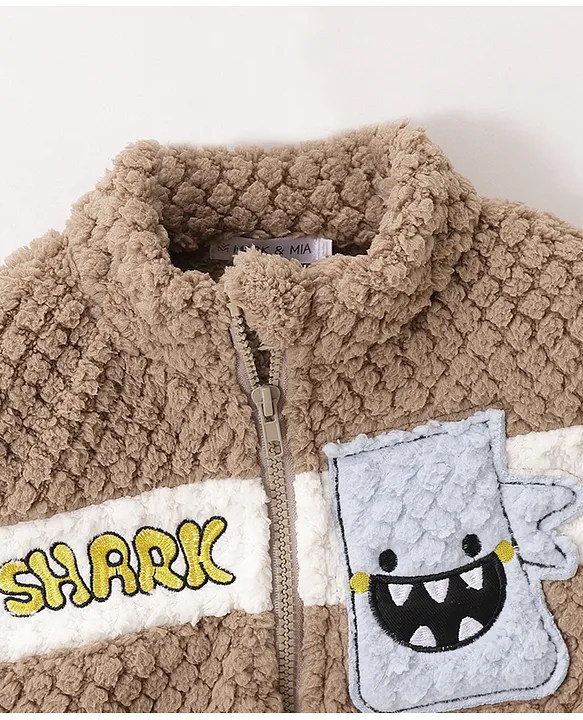 Mark & Mia Full Sleeves Winter Wear Fur Sweatjacket & Lounge Pant Set with Shark Patch Detailing - Light Brown