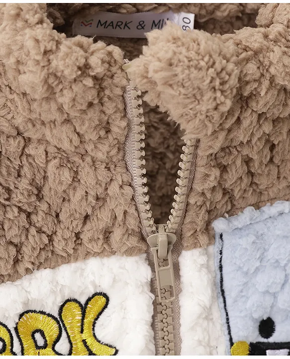 Mark & Mia Full Sleeves Winter Wear Fur Sweatjacket & Lounge Pant Set with Shark Patch Detailing - Light Brown