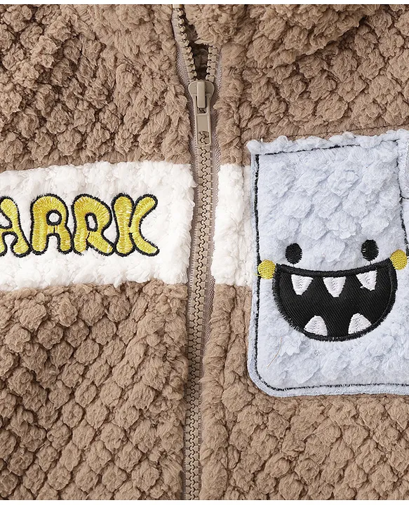 Mark & Mia Full Sleeves Winter Wear Fur Sweatjacket & Lounge Pant Set with Shark Patch Detailing - Light Brown