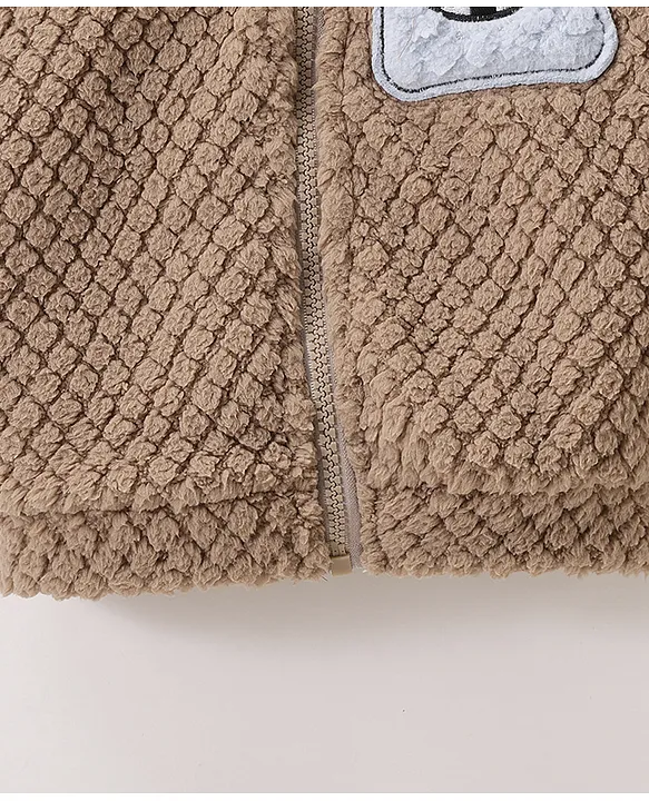 Mark & Mia Full Sleeves Winter Wear Fur Sweatjacket & Lounge Pant Set with Shark Patch Detailing - Light Brown