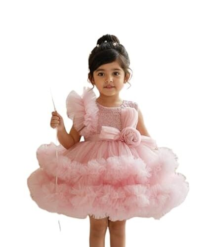 Baby Girl's Light Pink Ruffled Tulle Net Party Dress | Princess Frock Gown for Birthday, Wedding, Photoshoot | Knee Length Fancy Wear