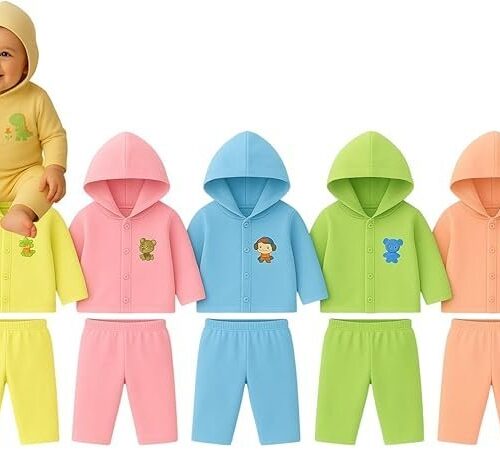 Newborn Unisex Cotton Dress Hoodie Cap with Pants| 0-3 Months Winter Outfit for Infant| Multicolour 5 Combo Pack Boy & Girl Baby Dress