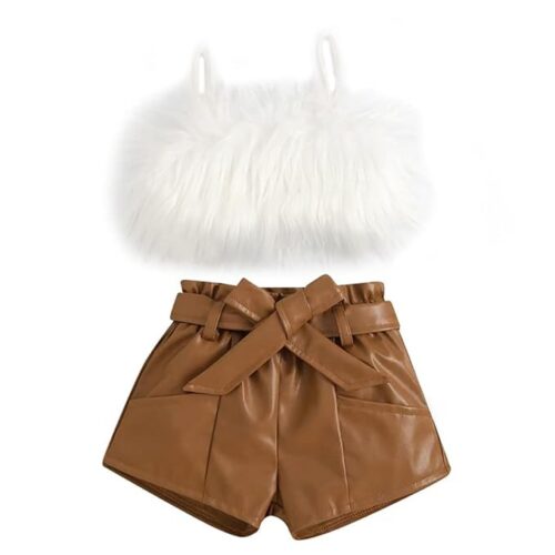 2-7T Cute Baby Girl Summer Clothes Fluffy Fur Camisole Vest PU Leather High Waist Shorts Set Baby Girls Clothing