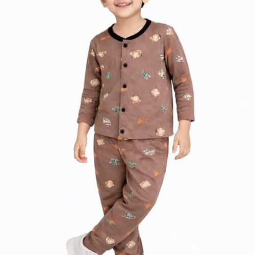 3BROS Cotton Bodysuit Dress with Full Pajama and Full Sleeves Night Suit Top Combo Set for Boys & Girls Baby Home Wear and Sleepwear Pack of 1 (Brown, 18-24 Months)