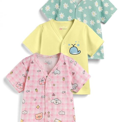 HELLCAT 100% Cotton Front Open Jhabla Vest & T Shirt for Babies - Pack of 3 (Unisex, 0-18 Months, Short Sleeve)