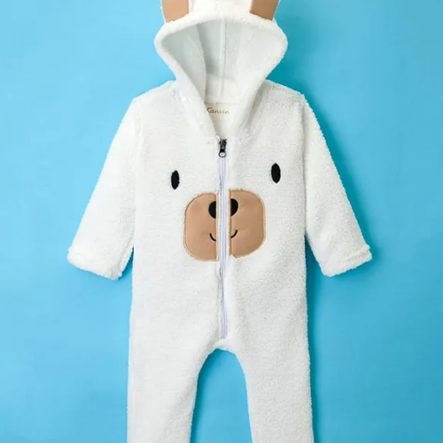 Kanvin Knit Full Sleeves WInter Wear Romper With Ear & Face Applique - White